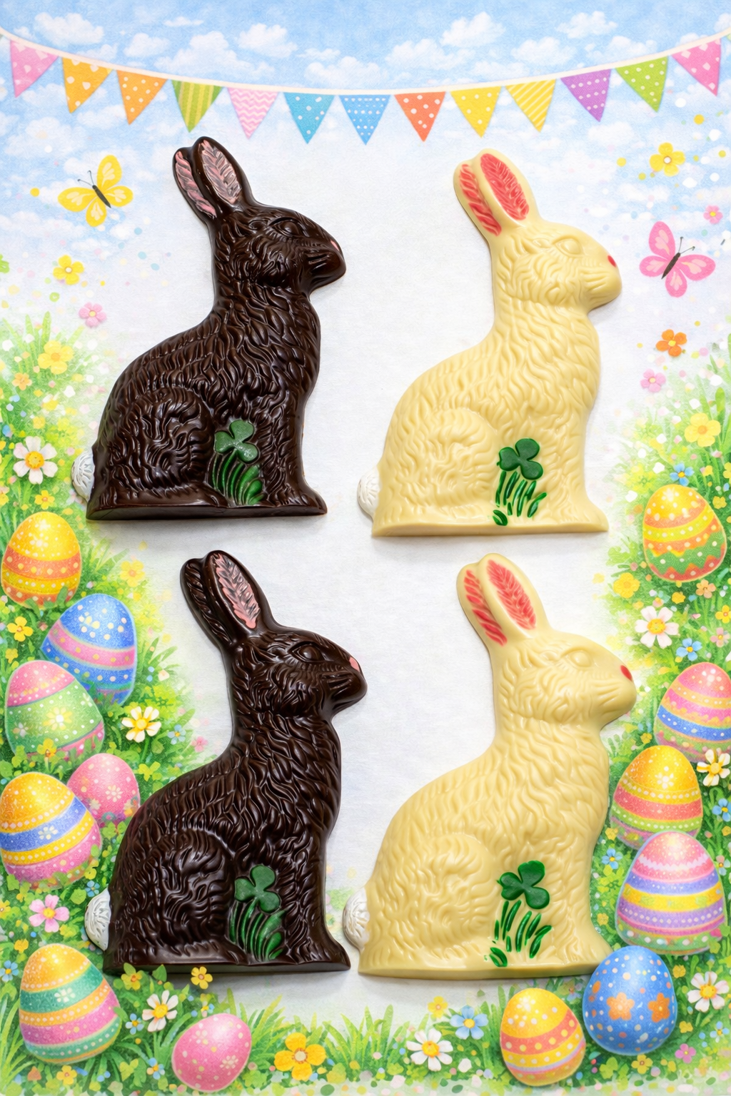 Four Easter sitting bunnies arranged in a square — two dark chocolate and two white chocolate, each with a green shamrock decoration.