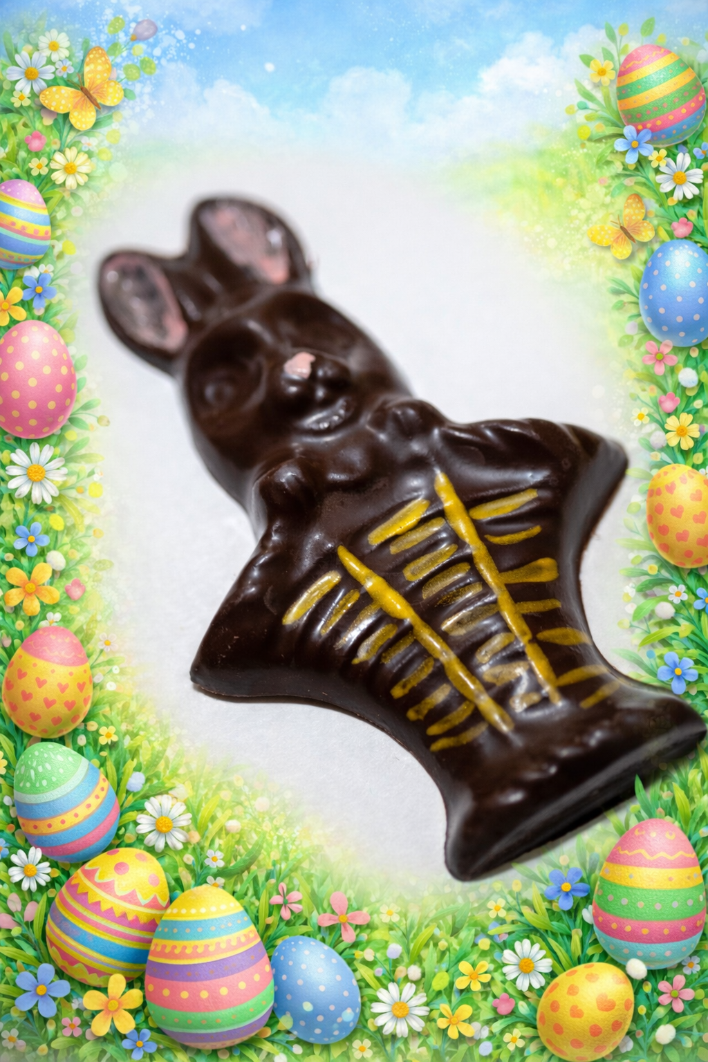 Dark chocolate Easter bunny in a basket-bunny shape with yellow piped accents across the body.