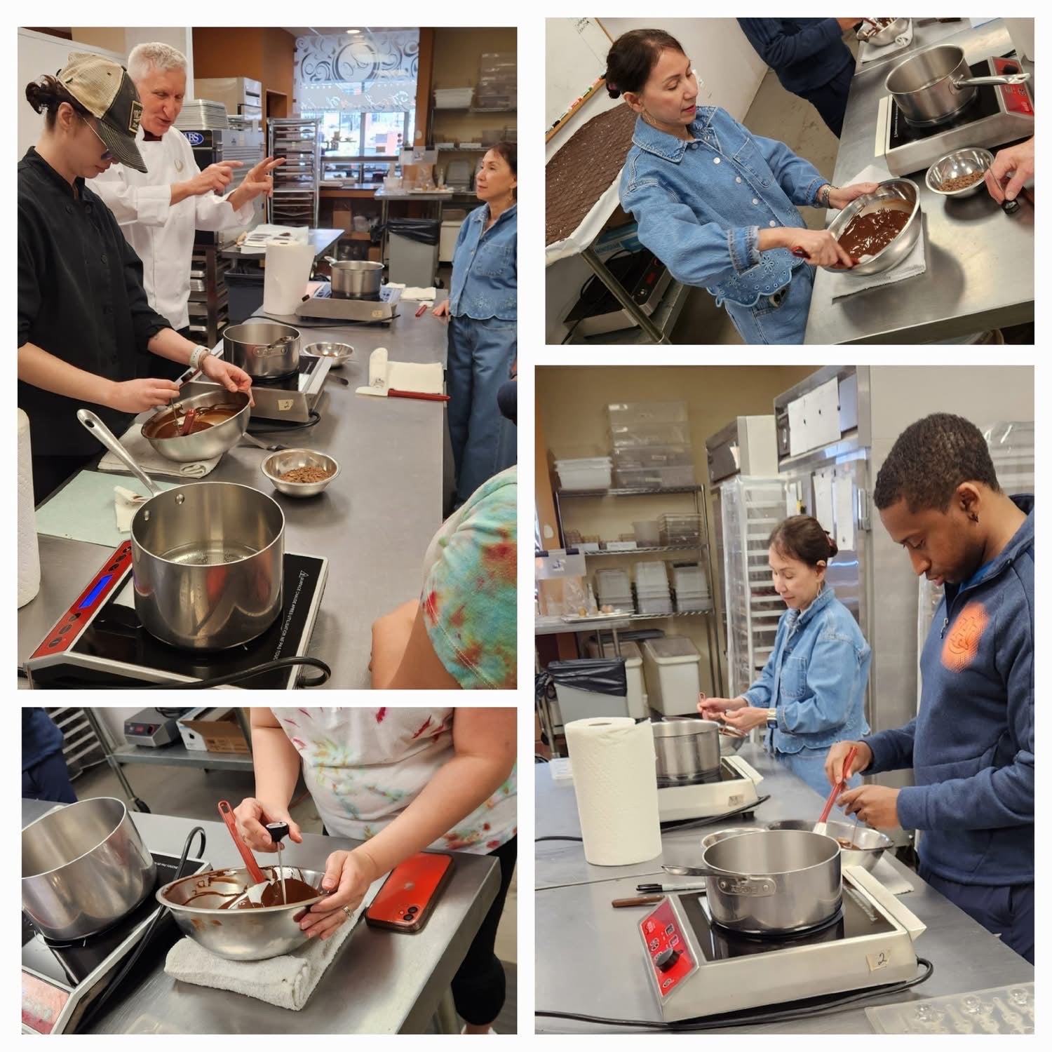 Collage showing participants learning chocolate tempering techniques at The Secret Chocolatier’s hands-on workshop, guided by expert instructors in a professional kitchen setting.