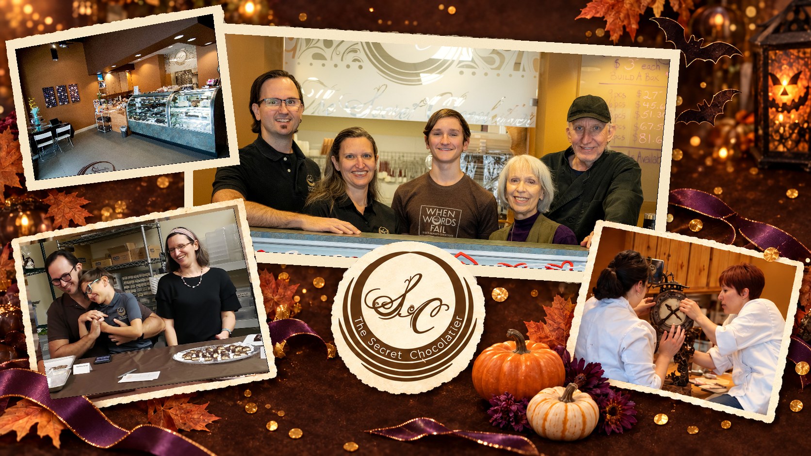 The Secret Chocolatier family at the shop counter in Charlotte, with photos from 15 years