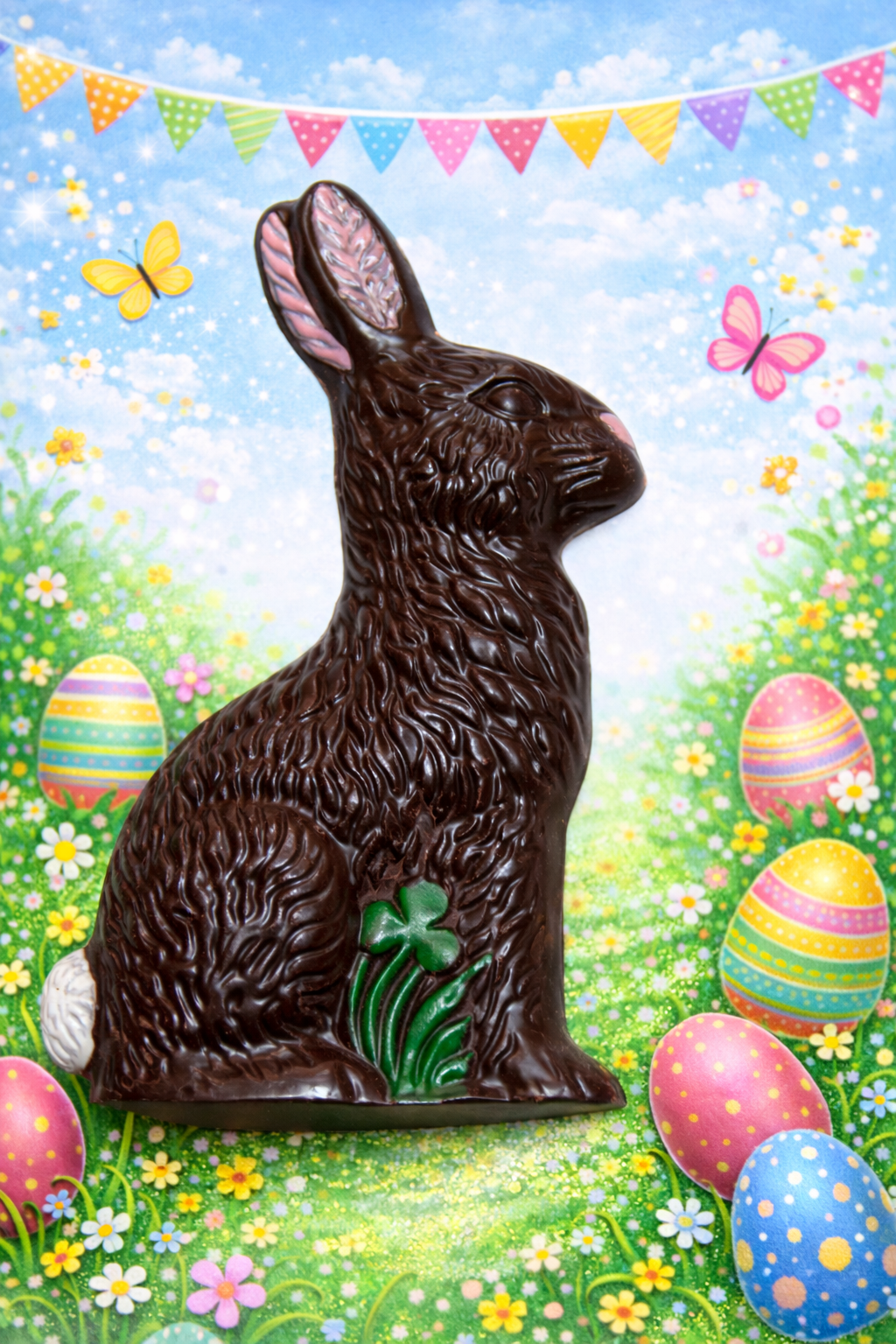 Solid dark chocolate sitting Easter bunny with pink inner ears and a green shamrock accent on a colorful Easter backdrop.