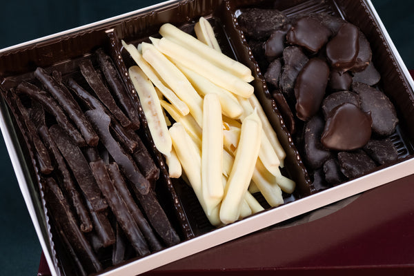 Chocolate Candied Orange Peels, White Chocolate Candied Lemon Peels, Dark Chocolate Candied Ginger
