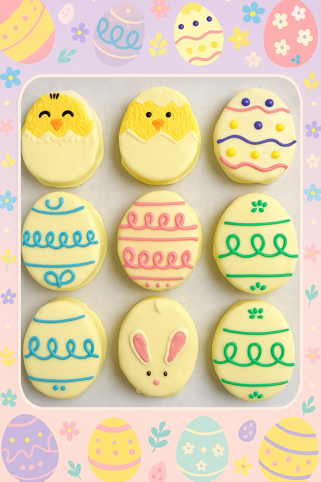 Nine egg-shaped white chocolate-covered marshmallows hand-decorated with pastel Easter motifs — chicks, a bunny face, and piped patterns — arranged on a tray with an Easter-egg border.