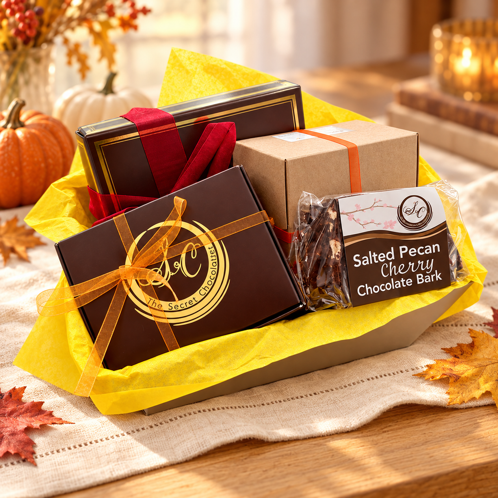 Fall Harvest Gift Basket from The Secret Chocolatier: a bon bon box tied with orange ribbon, a gold-trimmed box of chocolate turkeys, a kraft box of Bourbon Pecan Pie Bites, and a bag of Salted Pecan Cherry Chocolate Bark on yellow tissue in a gift tray
