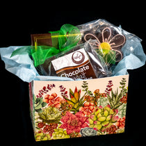 Mother's Day chocolate gift box — succulent-illustrated kraft box with green ribbon containing Chocolate Sea Salt Butter Toffee and a chocolate daisy-shaped cookie.