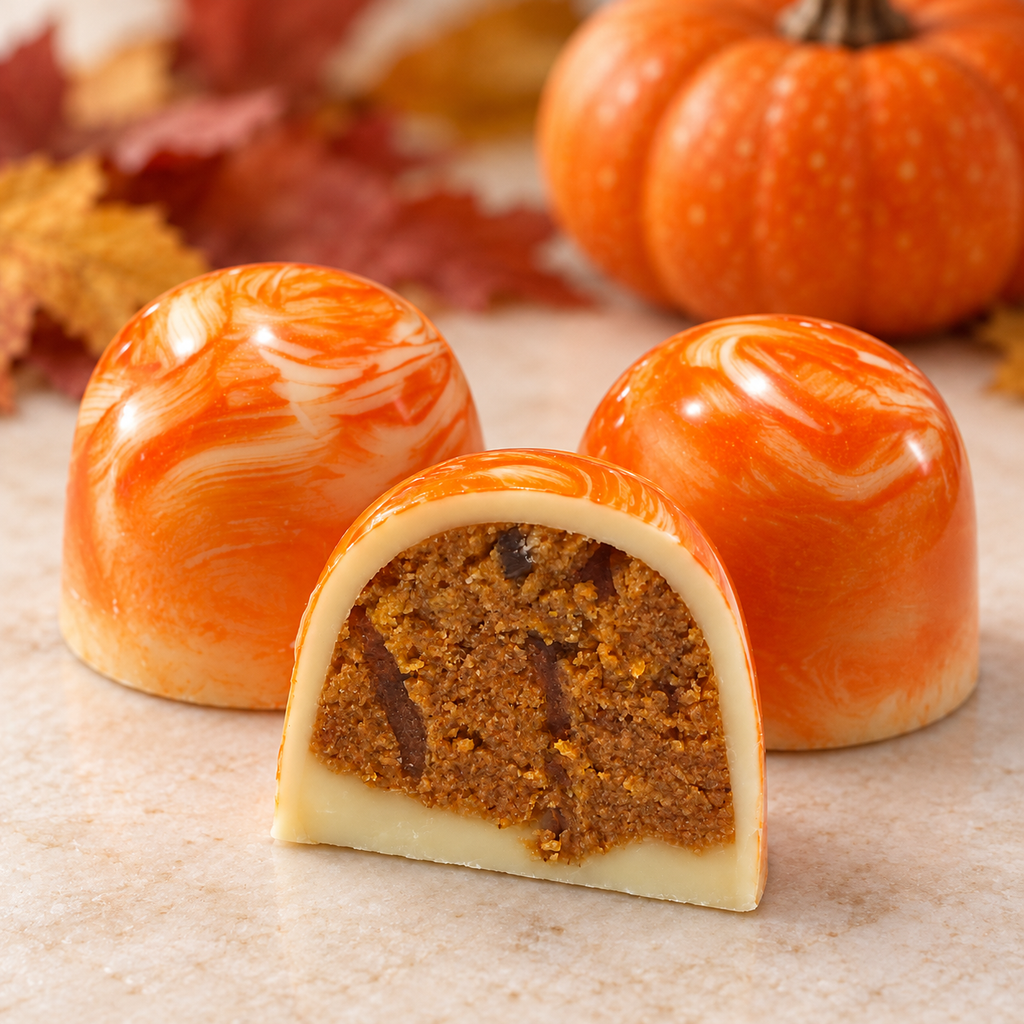 Three glazed pumpkin-themed pumpkin bon bon confections on a stone surface, with one cut open to show a pumpkin spice filling. A whole pumpkin and autumn leaves appear blurred in the background.