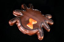 Chocolate-covered graham cracker spider with hand-piped black leg outlines and an orange hourglass marking on the back.