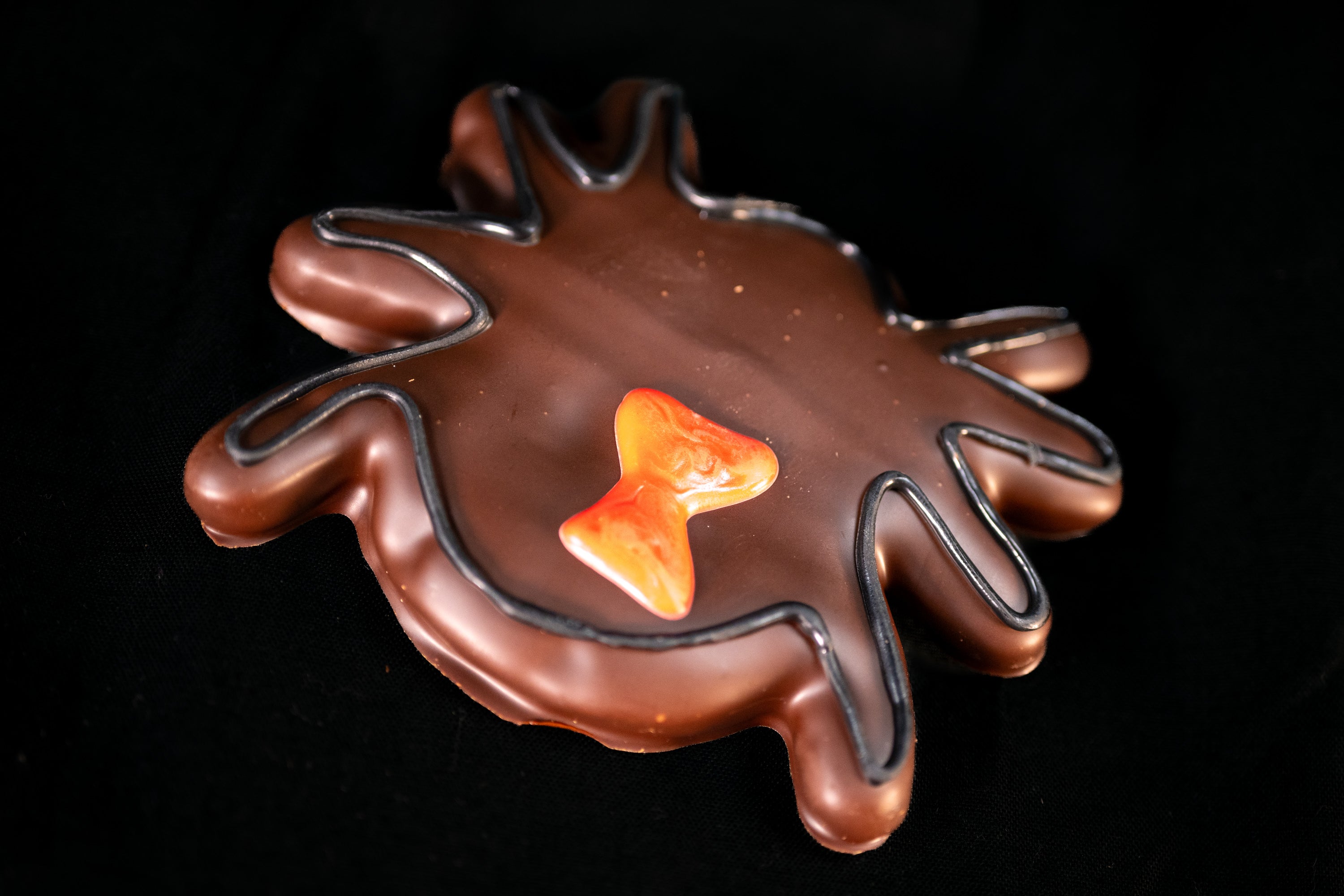 Chocolate-covered graham cracker spider with hand-piped black leg outlines and an orange hourglass marking on the back.