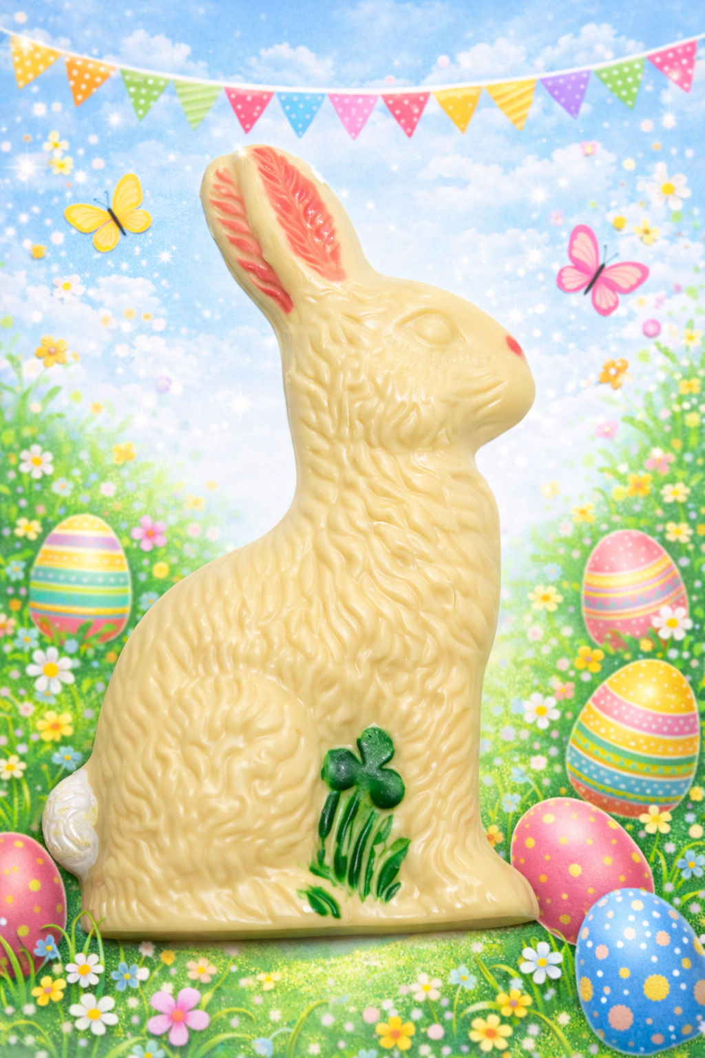 Solid white chocolate sitting Easter bunny with pink inner ears and a green shamrock accent on a colorful Easter backdrop.