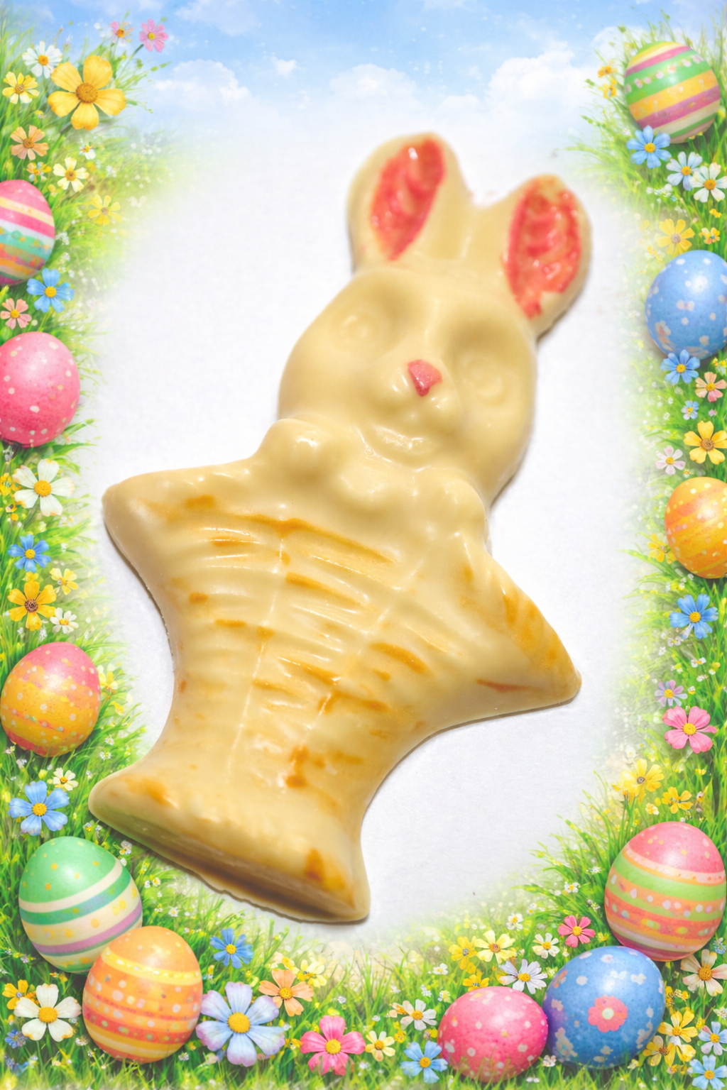 White chocolate Easter bunny in a basket-bunny shape with light yellow piped accents.