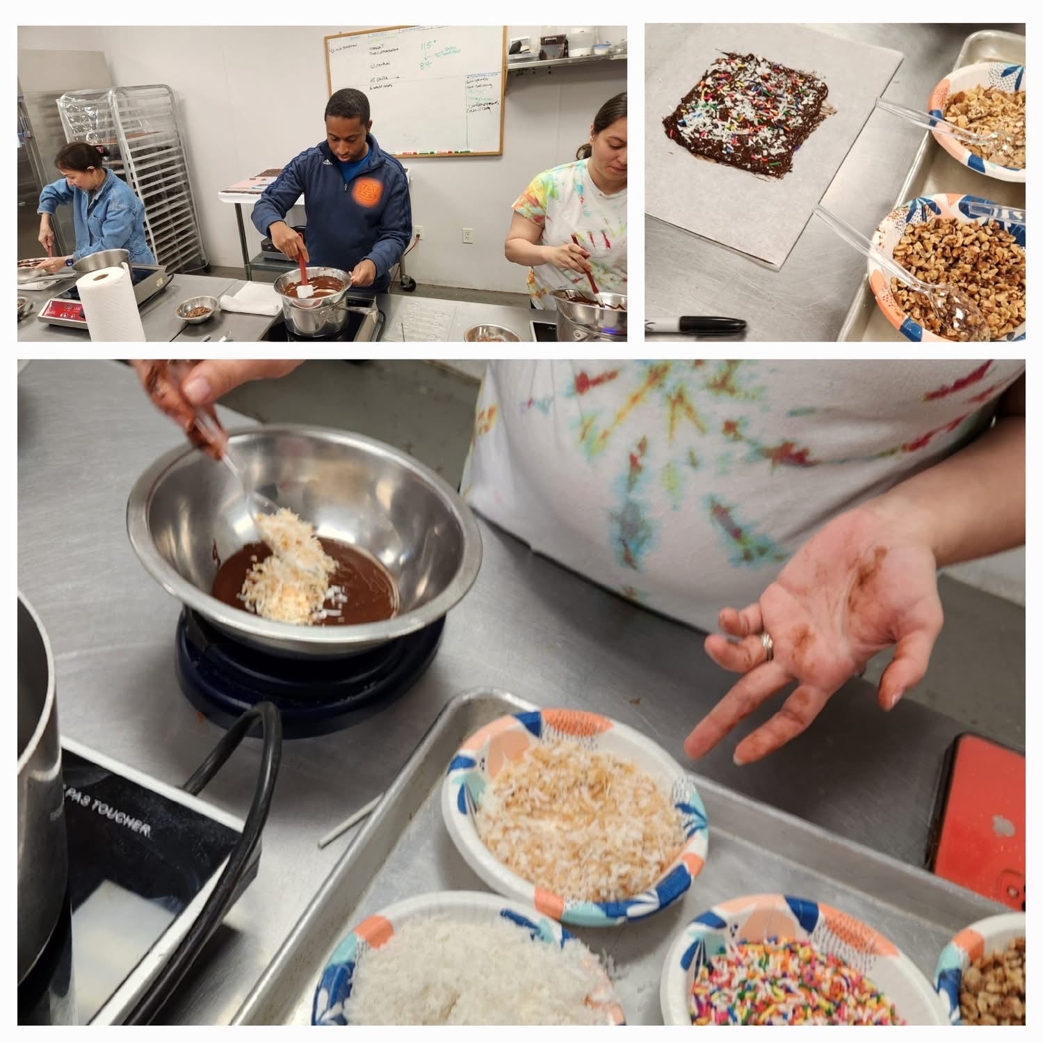 Collage of participants making chocolate bark at The Secret Chocolatier workshop, featuring melted chocolate, assorted toppings, and hands-on decorating.