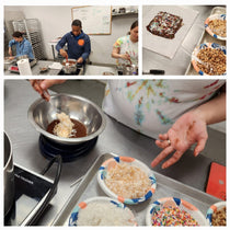 Collage of participants making chocolate bark at The Secret Chocolatier workshop, featuring melted chocolate, assorted toppings, and hands-on decorating.