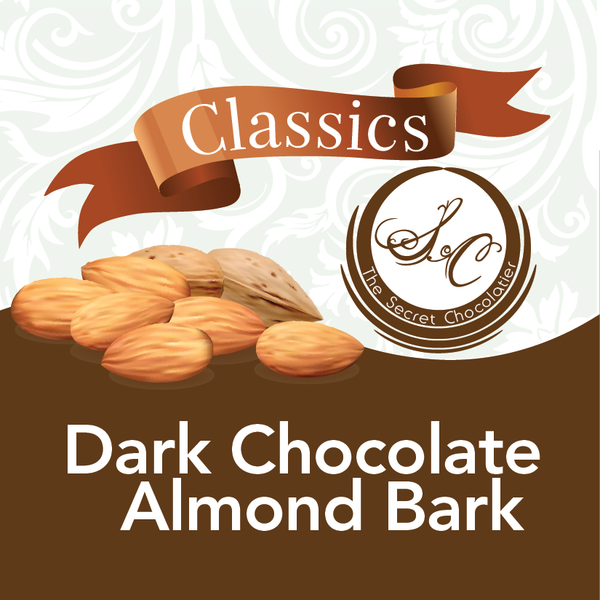 The Secret Chocolatier Classics — Dark Chocolate Almond Bark label with whole almonds illustrated.