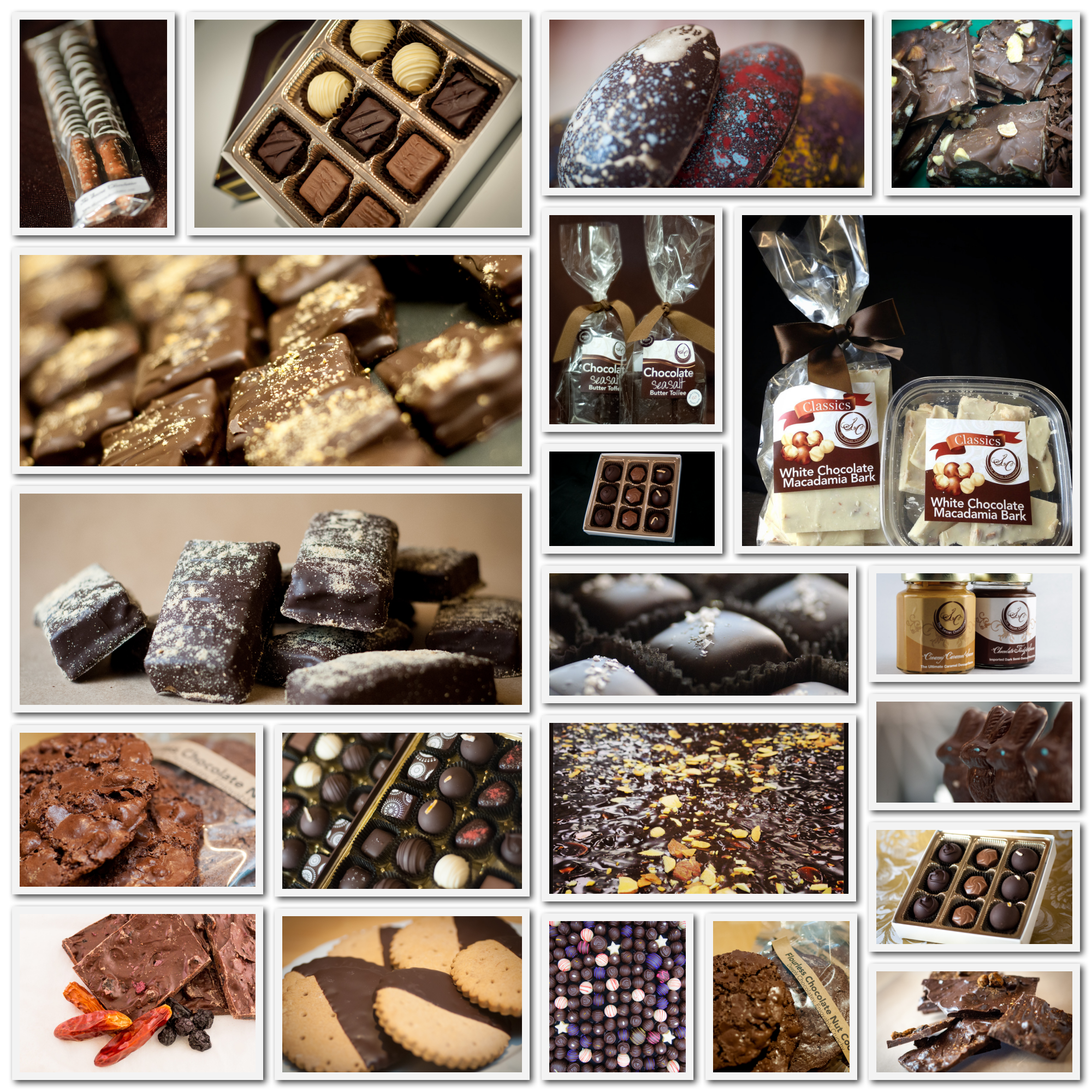 Chocolate of the Month Club 3-month subscription — collage of TSC chocolates and confections delivered across three months.
