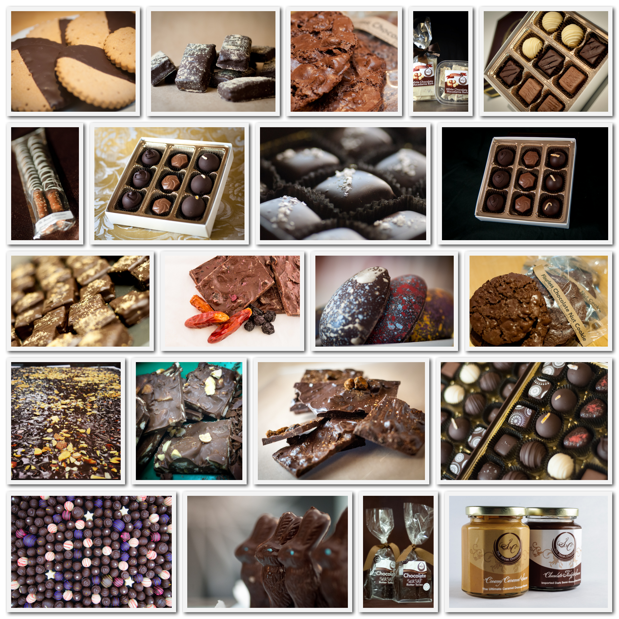 Chocolate of the Month Club year subscription — collage of TSC chocolates, barks, cookies, and gift sets across twelve deliveries. Main image