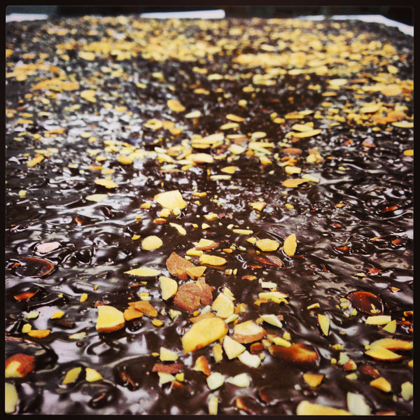 Dark Chocolate Toasted Almond Bark slab from above, chopped almonds embedded across the dark chocolate.