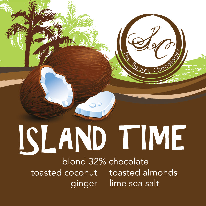 Stack of Island Time Bark pieces with the nut and coconut topping in detail.