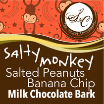 The Secret Chocolatier Salty Monkey label — Salted Peanuts and Banana Chip Milk Chocolate Bark.