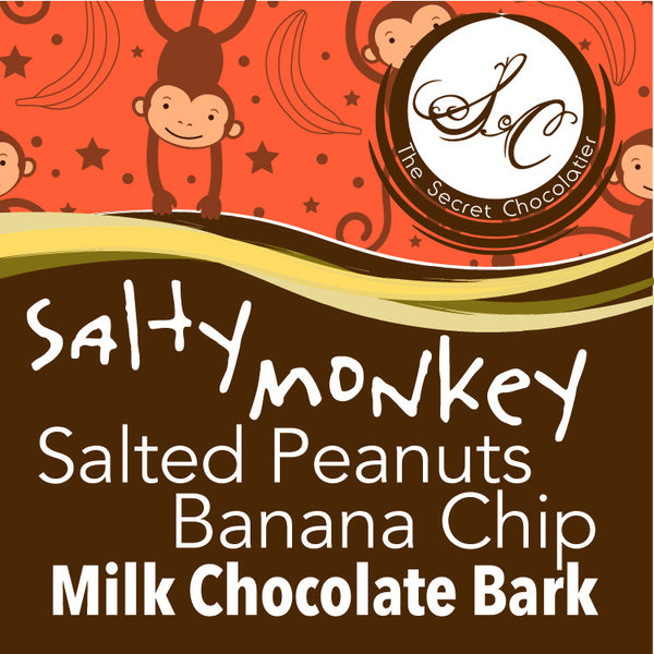 The Secret Chocolatier Salty Monkey label — Salted Peanuts and Banana Chip Milk Chocolate Bark.