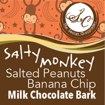 The Secret Chocolatier Salty Monkey label — Salted Peanuts and Banana Chip Milk Chocolate Bark.