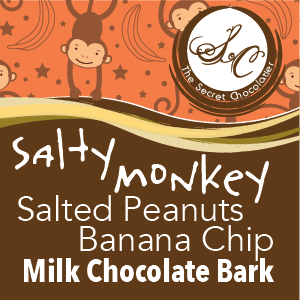 The Secret Chocolatier Salty Monkey label — Salted Peanuts and Banana Chip Milk Chocolate Bark.