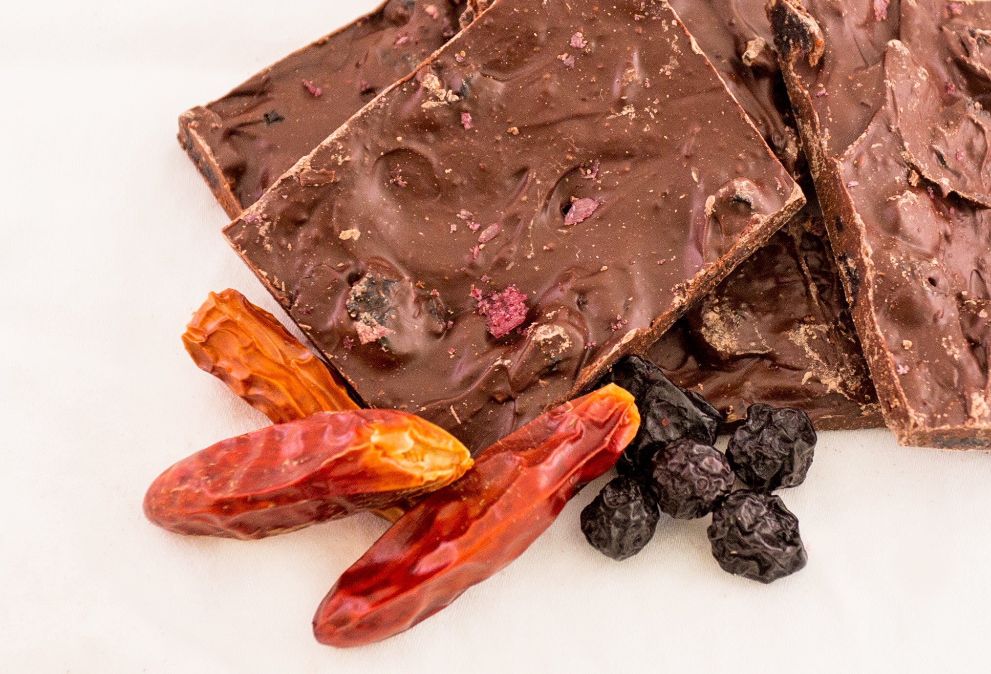 Blueberry Chili Chocolate Bark pieces with whole dried chili peppers and dried blueberries shown alongside the chocolate.