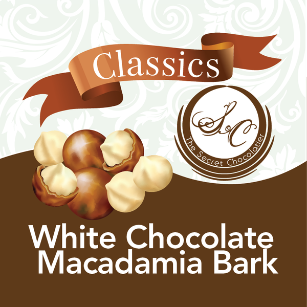 The Secret Chocolatier Classics — White Chocolate Macadamia Bark label.